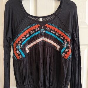 Free People Black Top with Colorful Embroidery